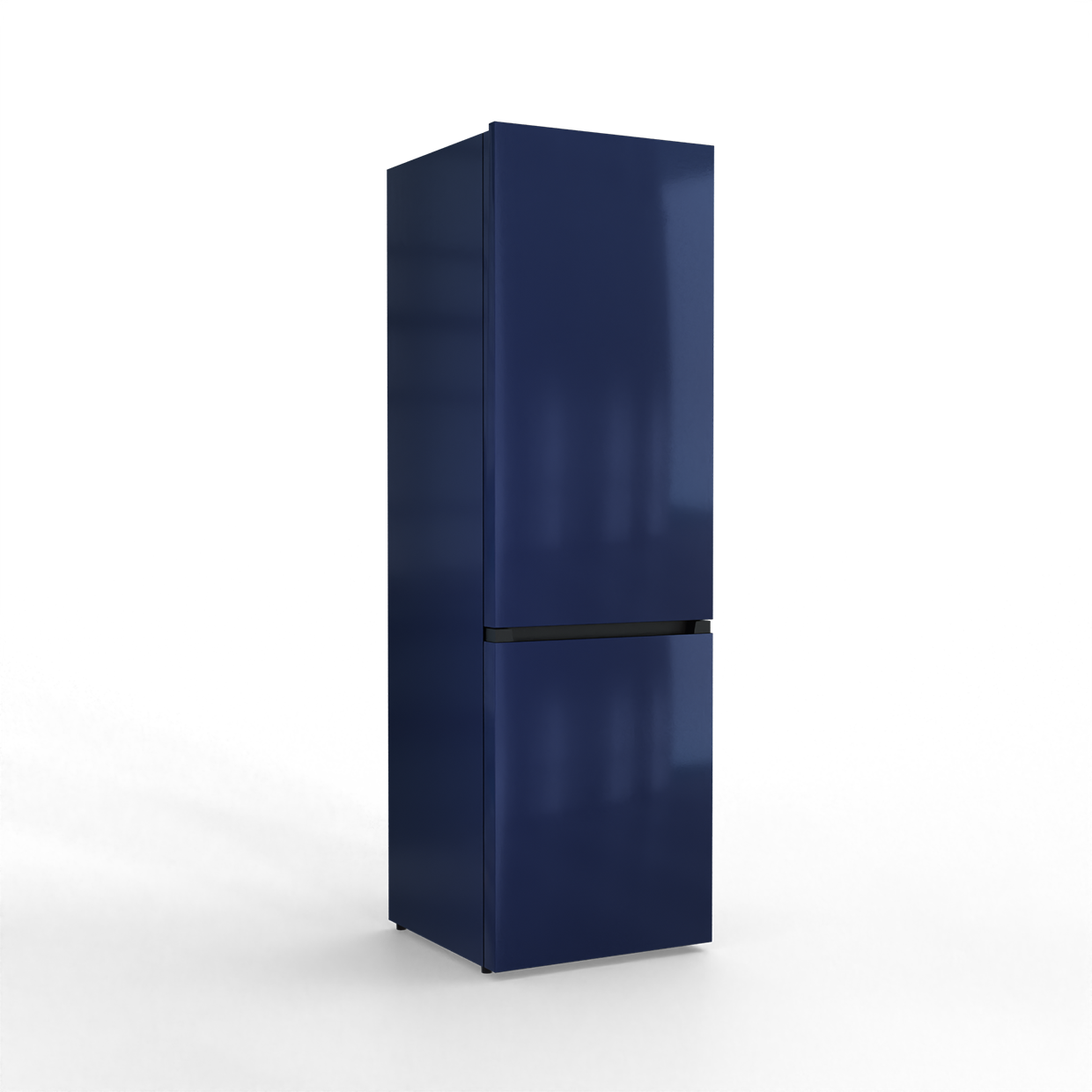 A dark blue refrigerator with two doors is shown against a black background.