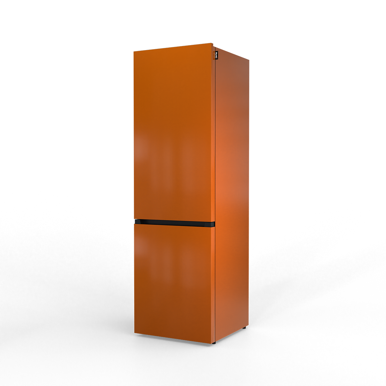 An orange refrigerator with a black stripe stands against a black background.