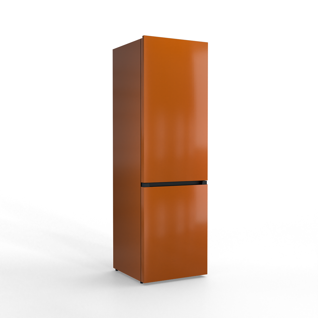 An orange refrigerator with a black stripe stands against a black background.