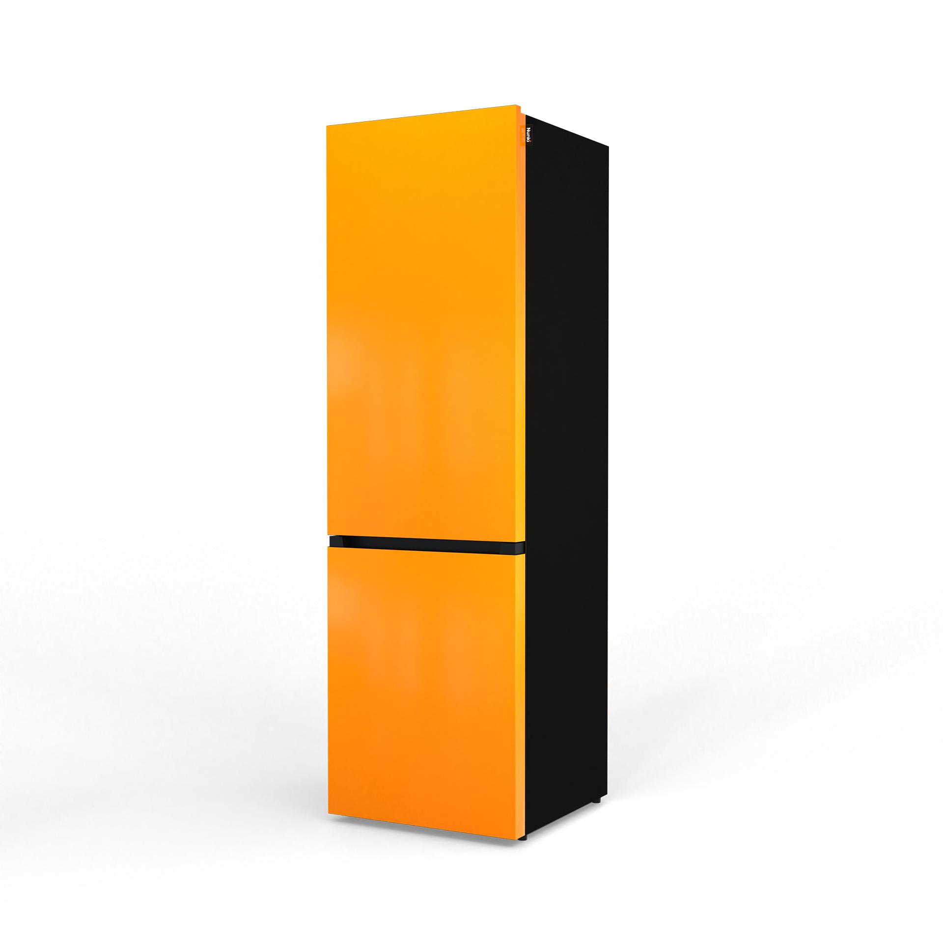 A tall, narrow orange refrigerator with a black side and a dark handle strip.