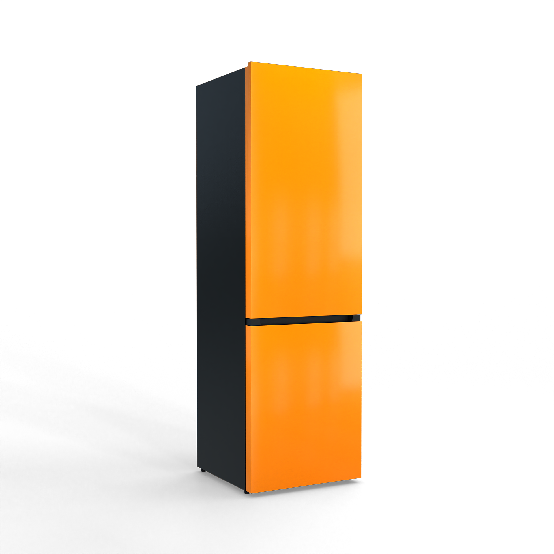 A tall, two-door refrigerator in orange and charcoal against a black background.