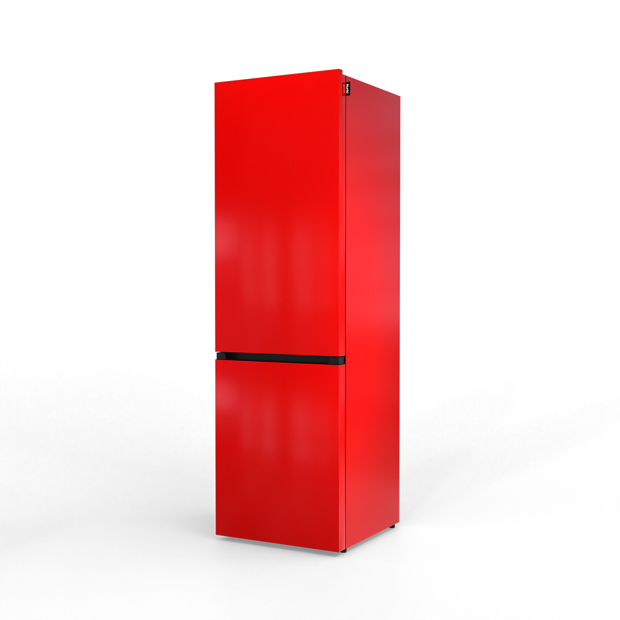 A tall, bright red refrigerator with a black horizontal handle against a black background.