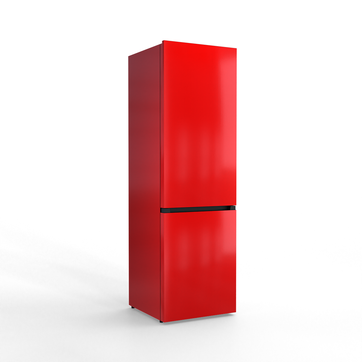A red refrigerator with two doors, isolated on a black background.