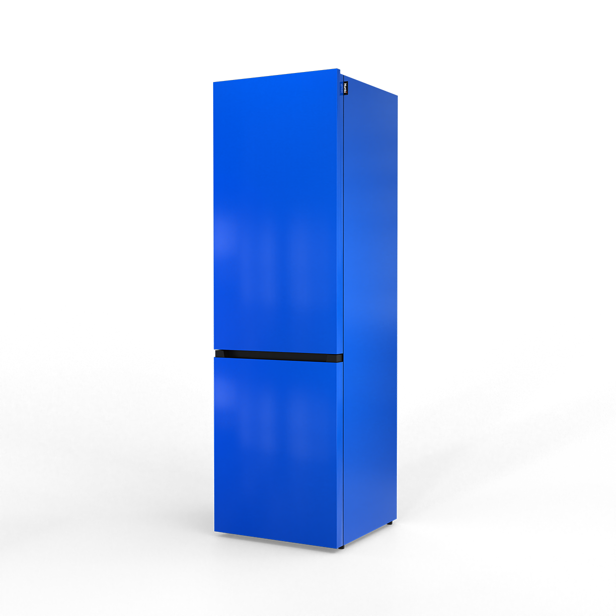 A modern, blue refrigerator with a black stripe stands against a black background.