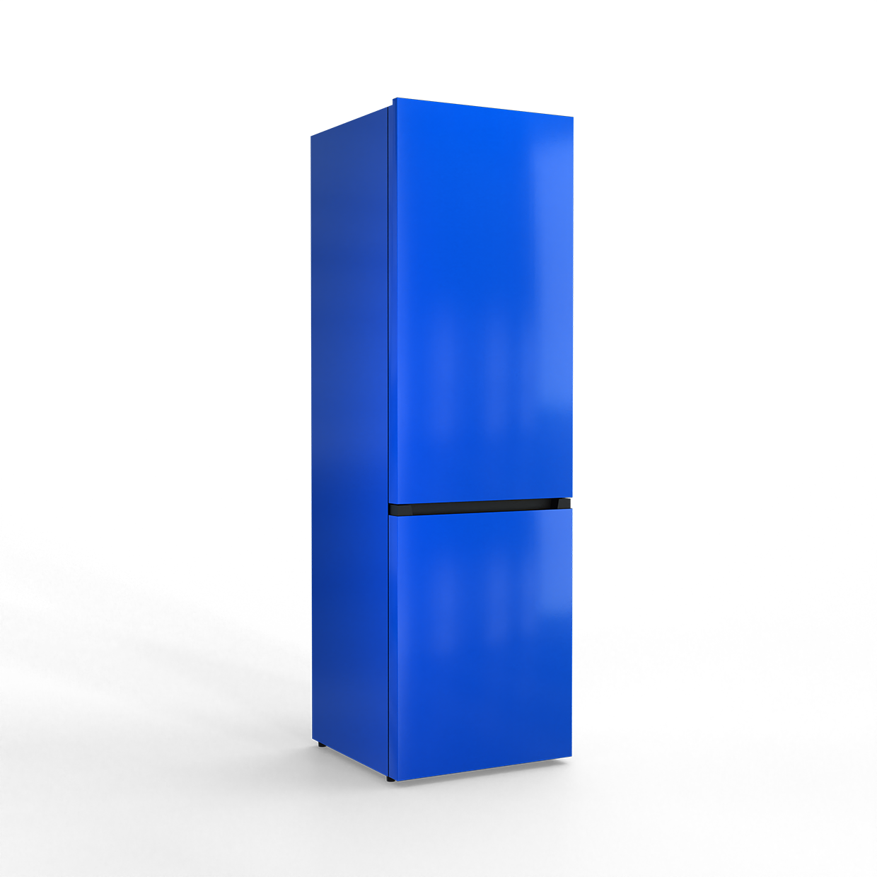 A tall, blue refrigerator with a black stripe in the middle, set against a black background.