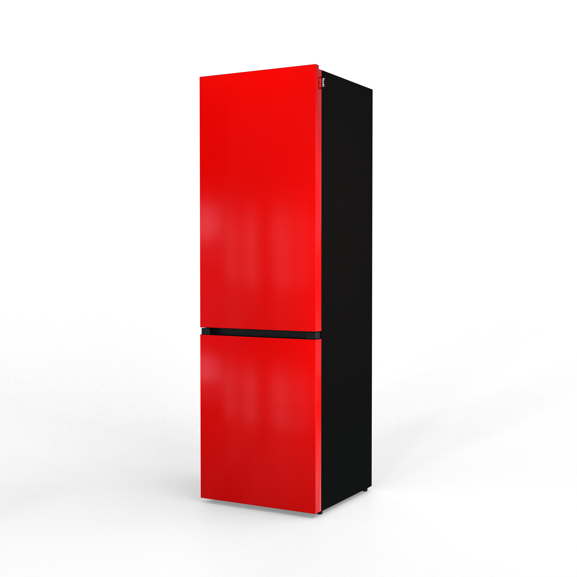 A red refrigerator with a black back and handle.
