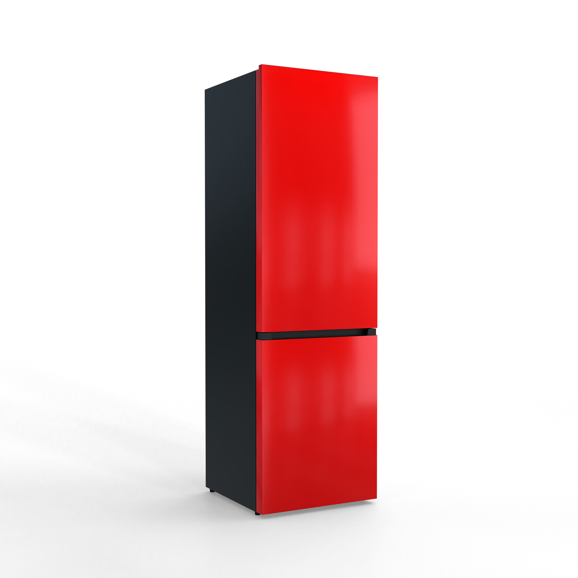 A red refrigerator with dark sides, set against a black background.