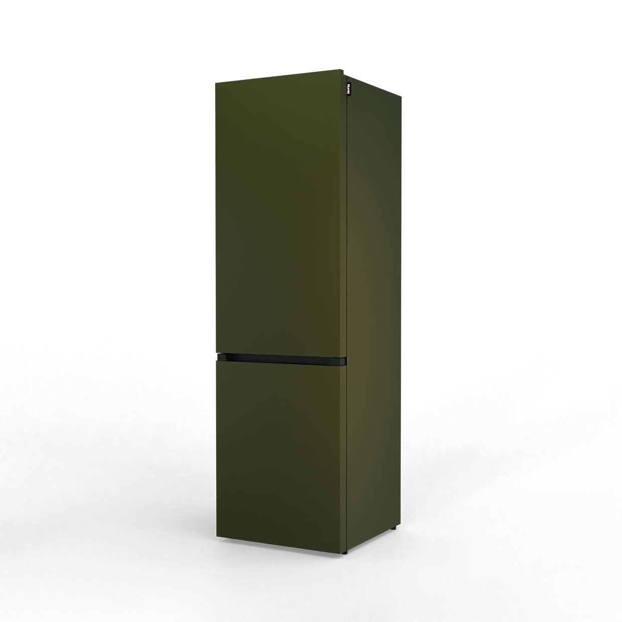 A tall, slim, dark green refrigerator with a black handle.