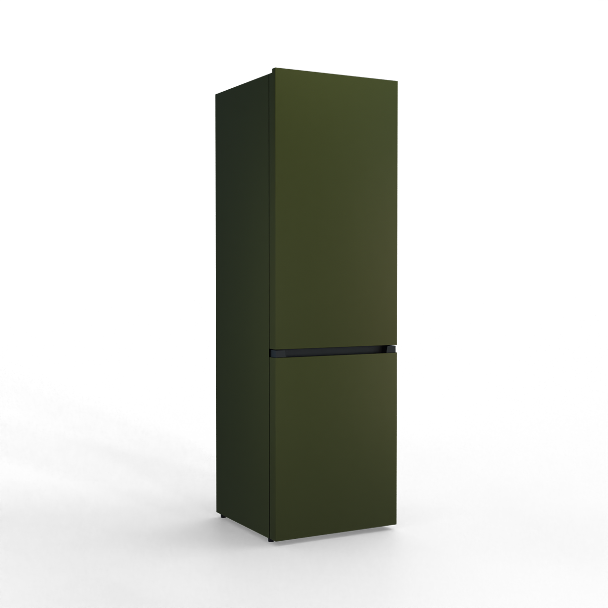 A tall, narrow, dark green refrigerator with a black handle.