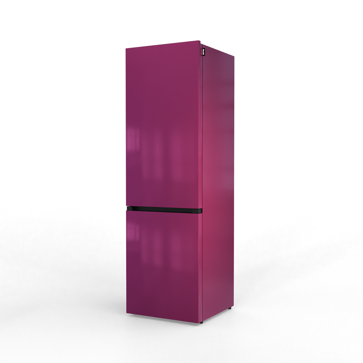 A sleek, magenta refrigerator with a black stripe in the middle.
