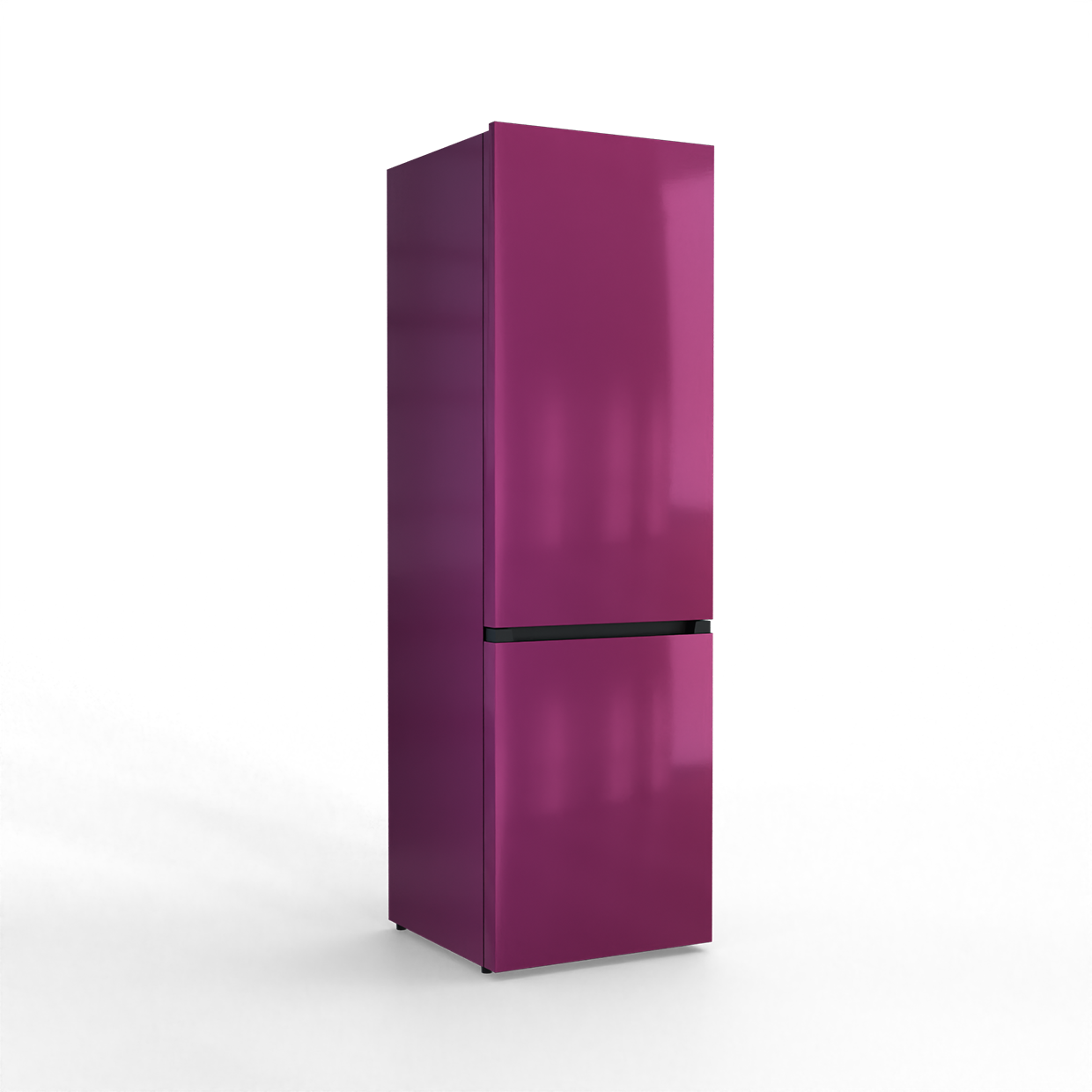A glossy magenta refrigerator with a black dividing line against a black background.