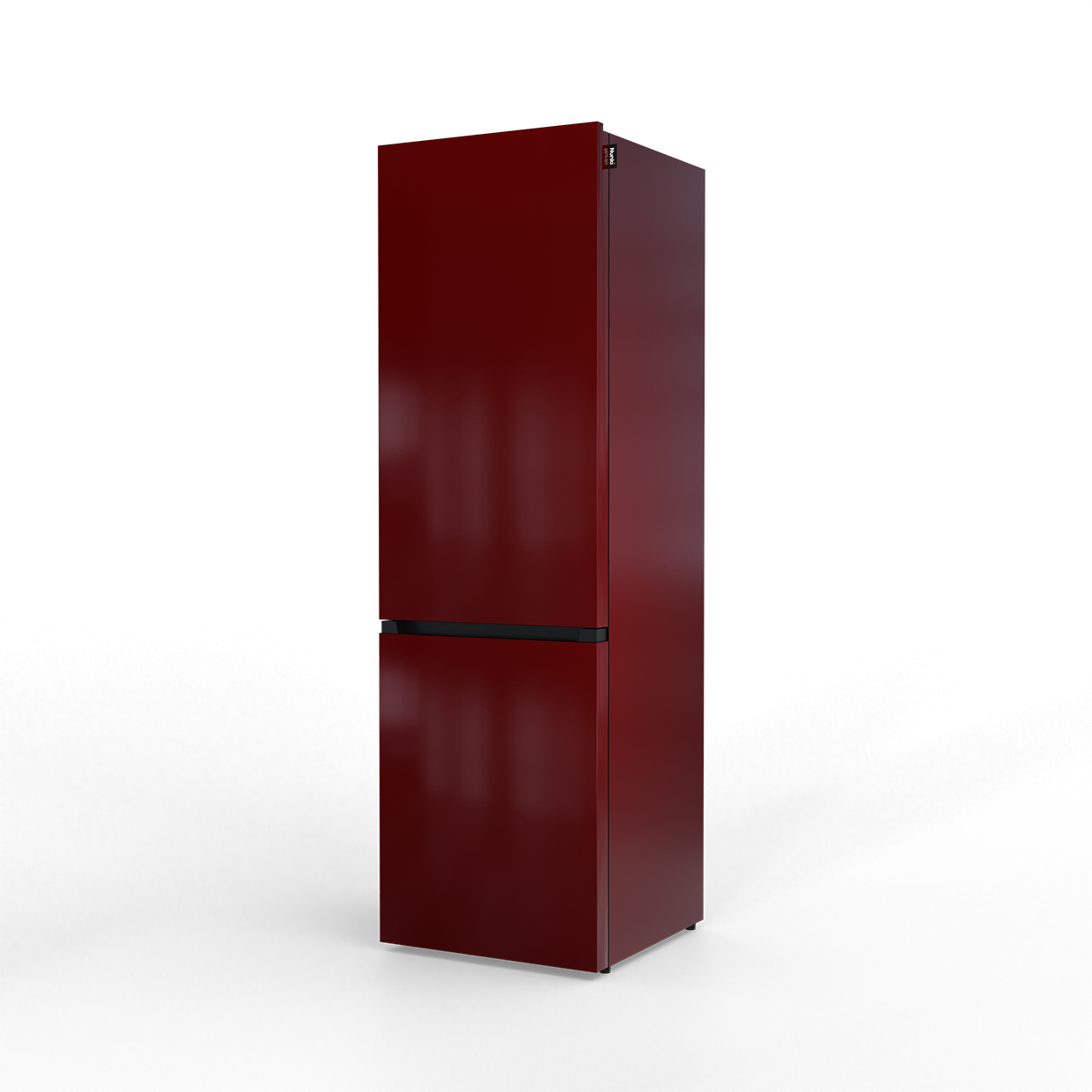 A sleek, dark red, two-door refrigerator stands against a black background.