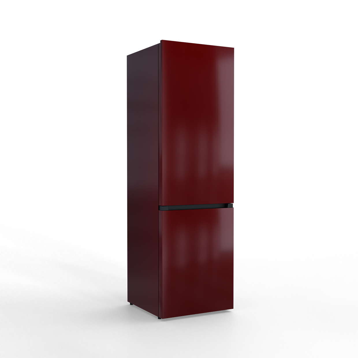 A burgundy two-door refrigerator against a black background.
