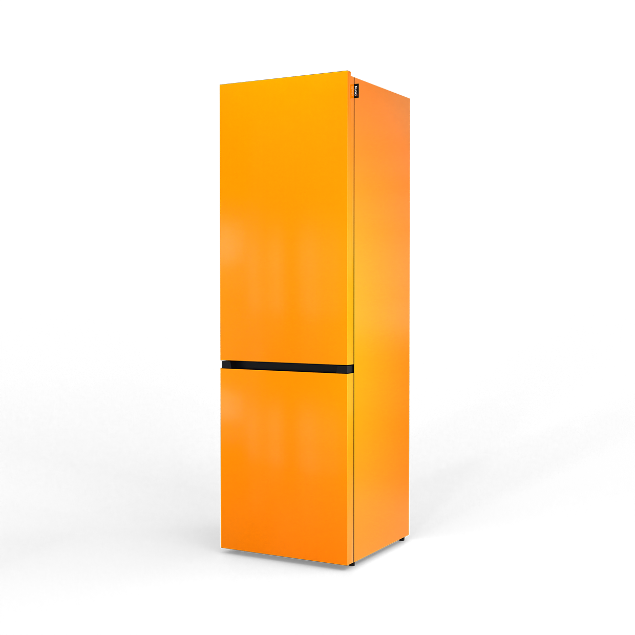 A tall, orange refrigerator with a black stripe in the middle. Isolated on black.