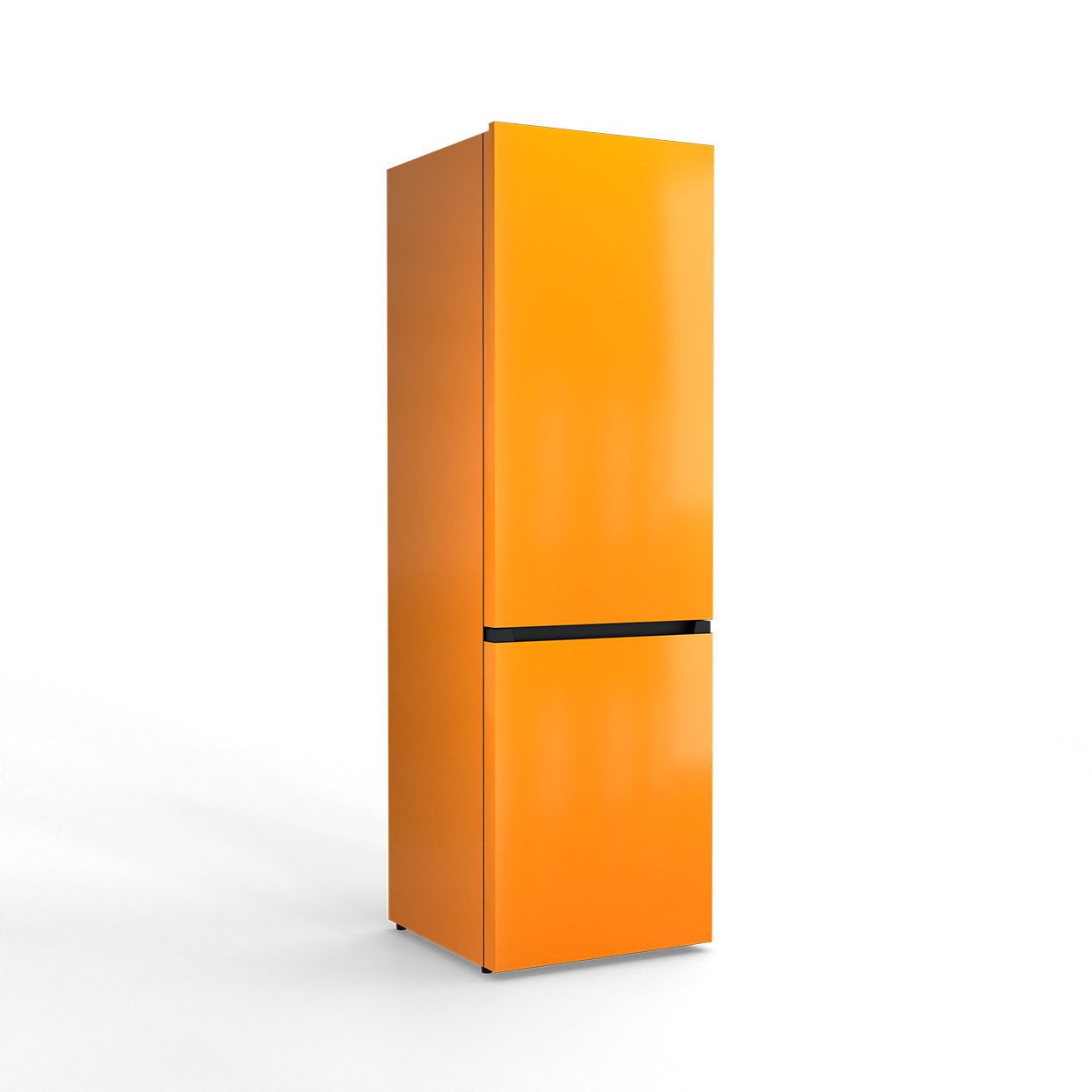 An orange refrigerator with a black stripe stands against a black background.