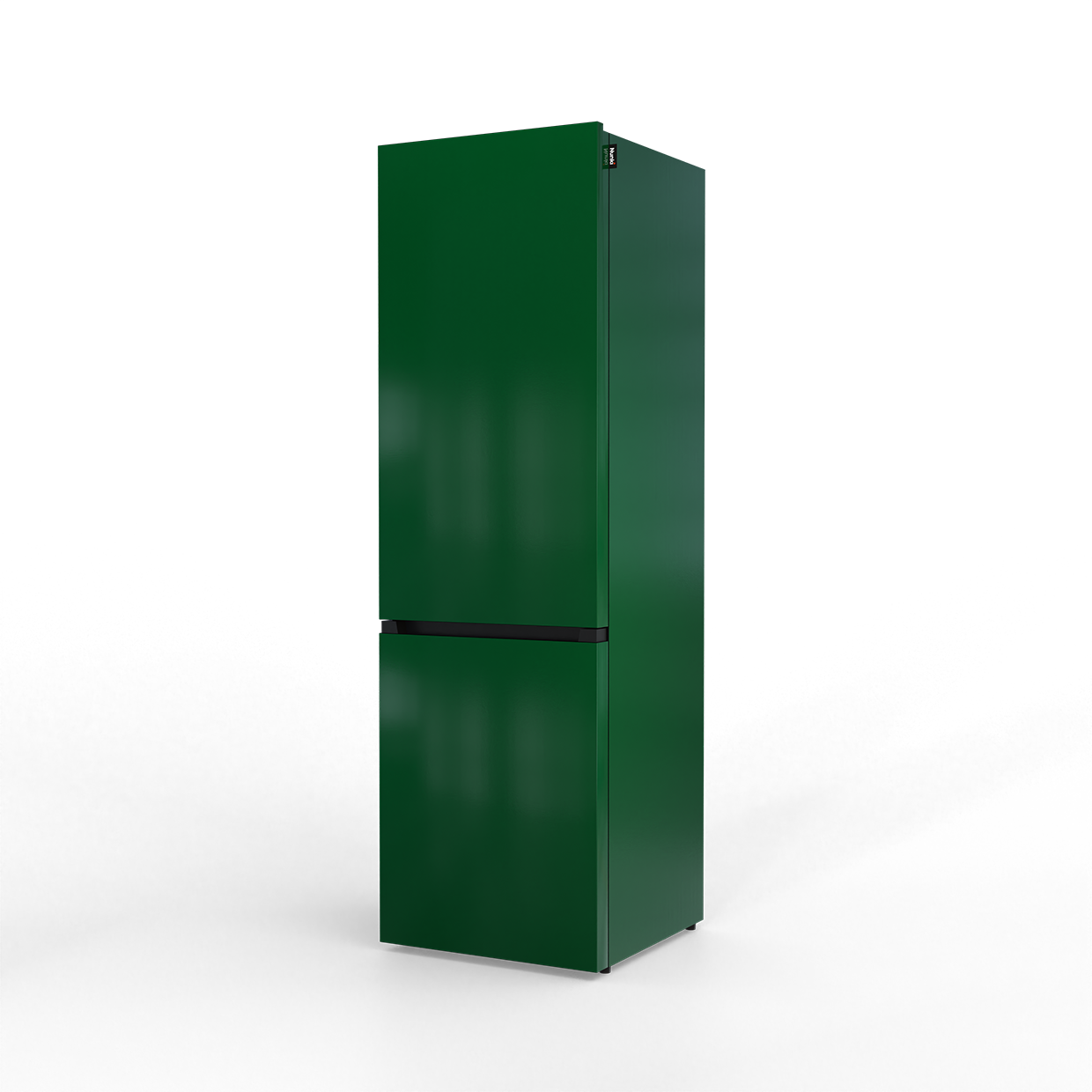 A sleek, dark green refrigerator with a black handle stands against a black background.