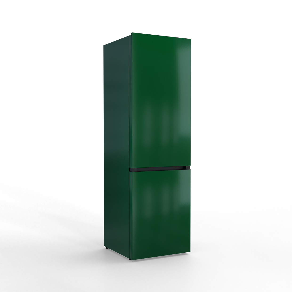 A tall, slim, dark green refrigerator with two doors stands against a black background.