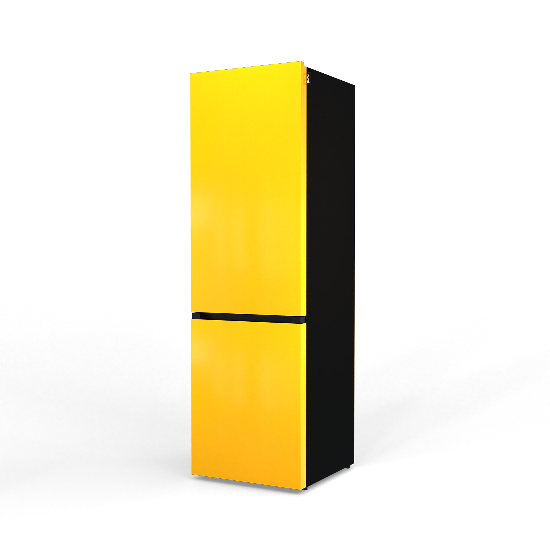 A tall, narrow, two-door refrigerator in bright yellow with black sides.