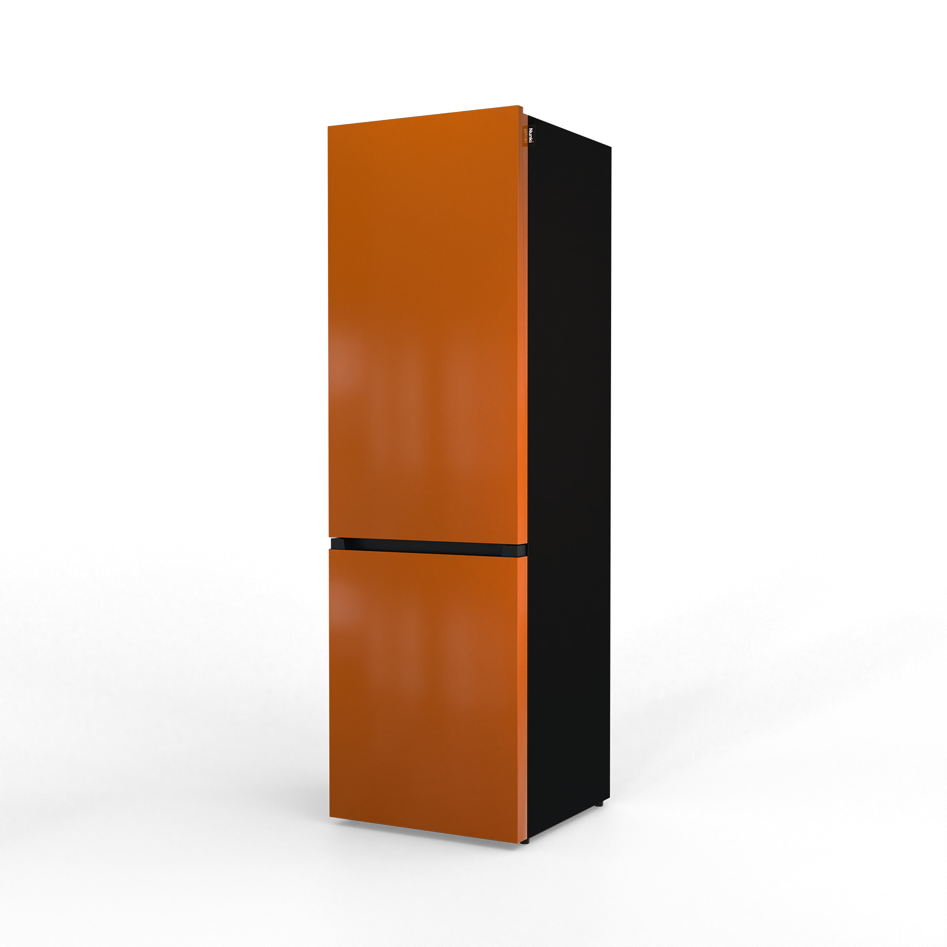 A tall, narrow orange refrigerator with a black side and handle.