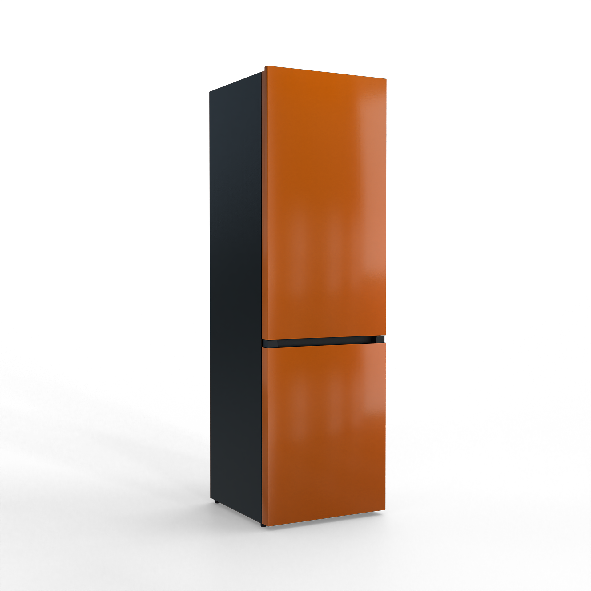 A tall, two-door refrigerator in orange and dark gray is shown against a black background.