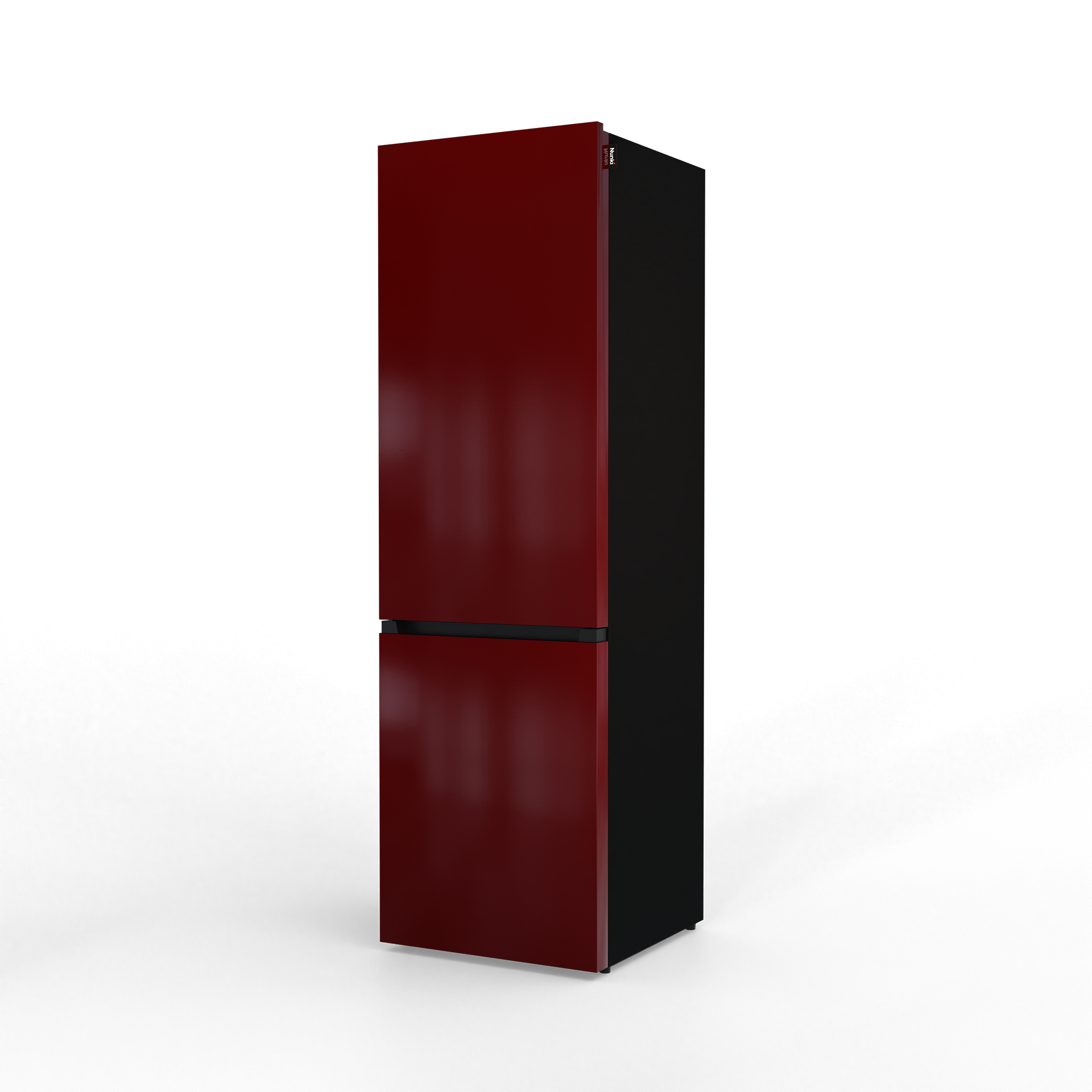A red refrigerator with a black body and a silver handle.