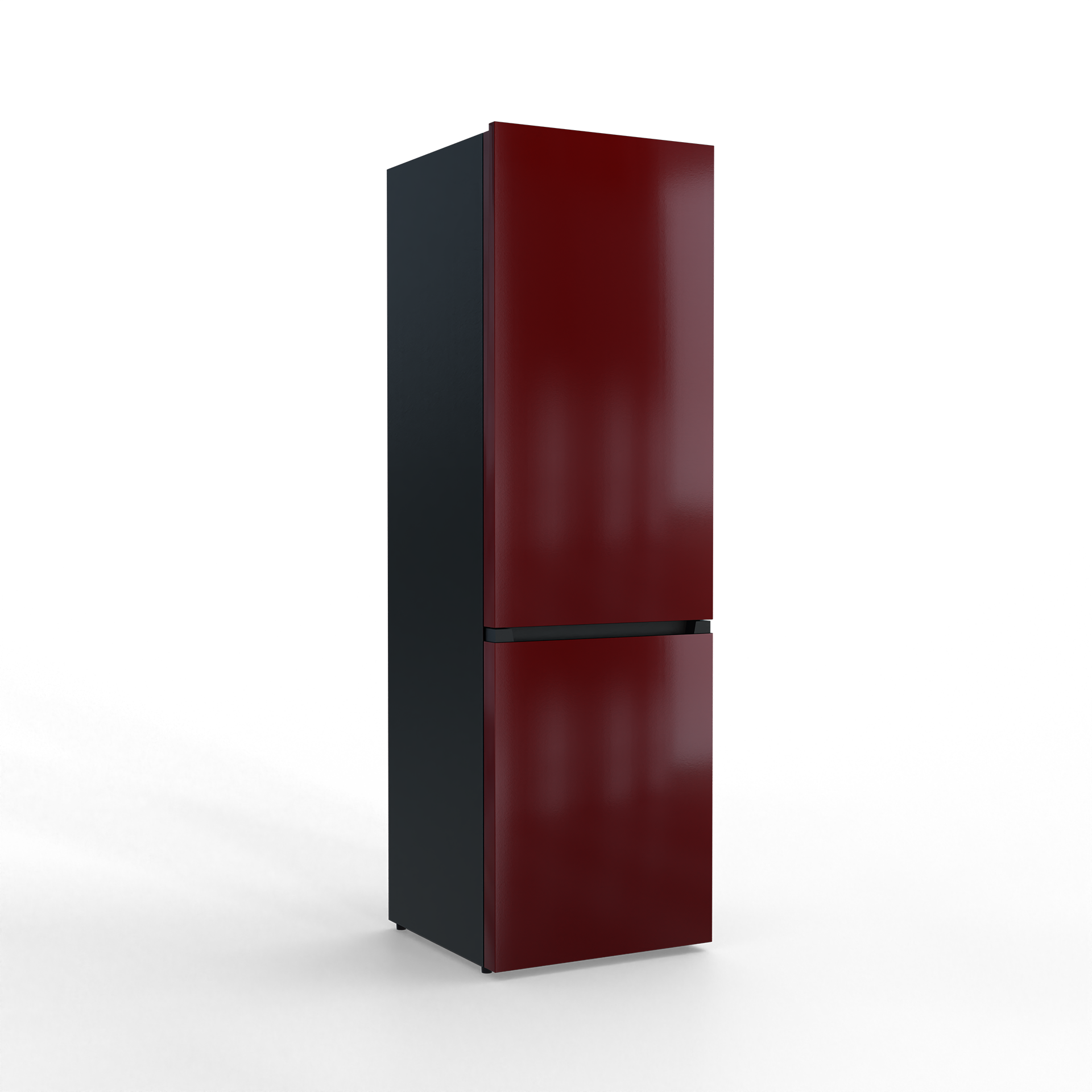 A modern red refrigerator with a dark side stands against a black background.