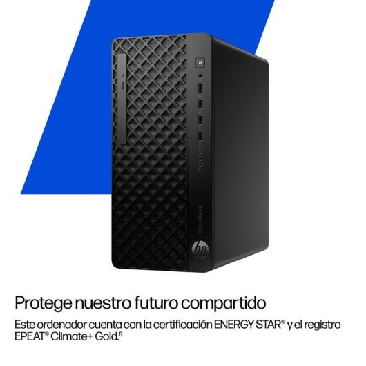 Un ordenador negro HP EliteDesk se muestra sobre un fondo azul y blanco.