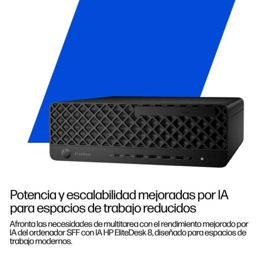 Ordenador HP EliteDesk SFF negro con panel frontal de rombos.