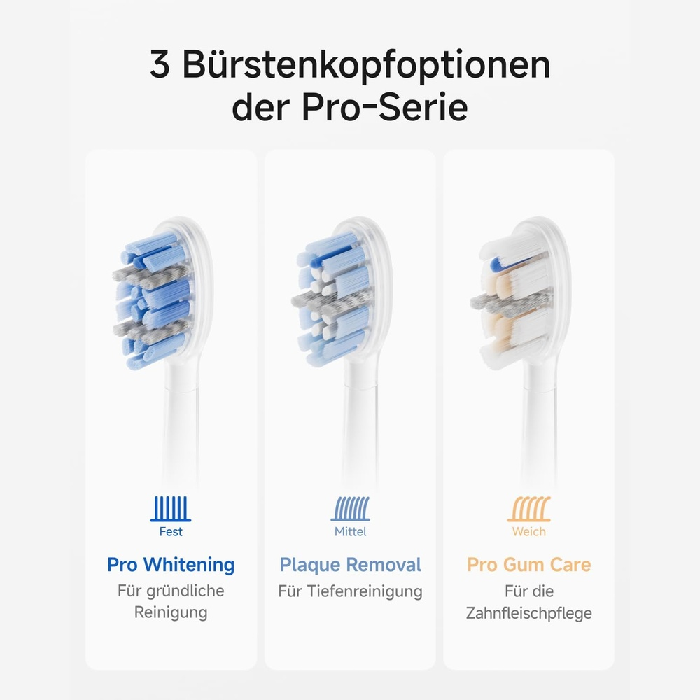 Üç Pro-Serisi fırça başlığı: Pro Whitening, Plaque Removal, Pro Gum Care.