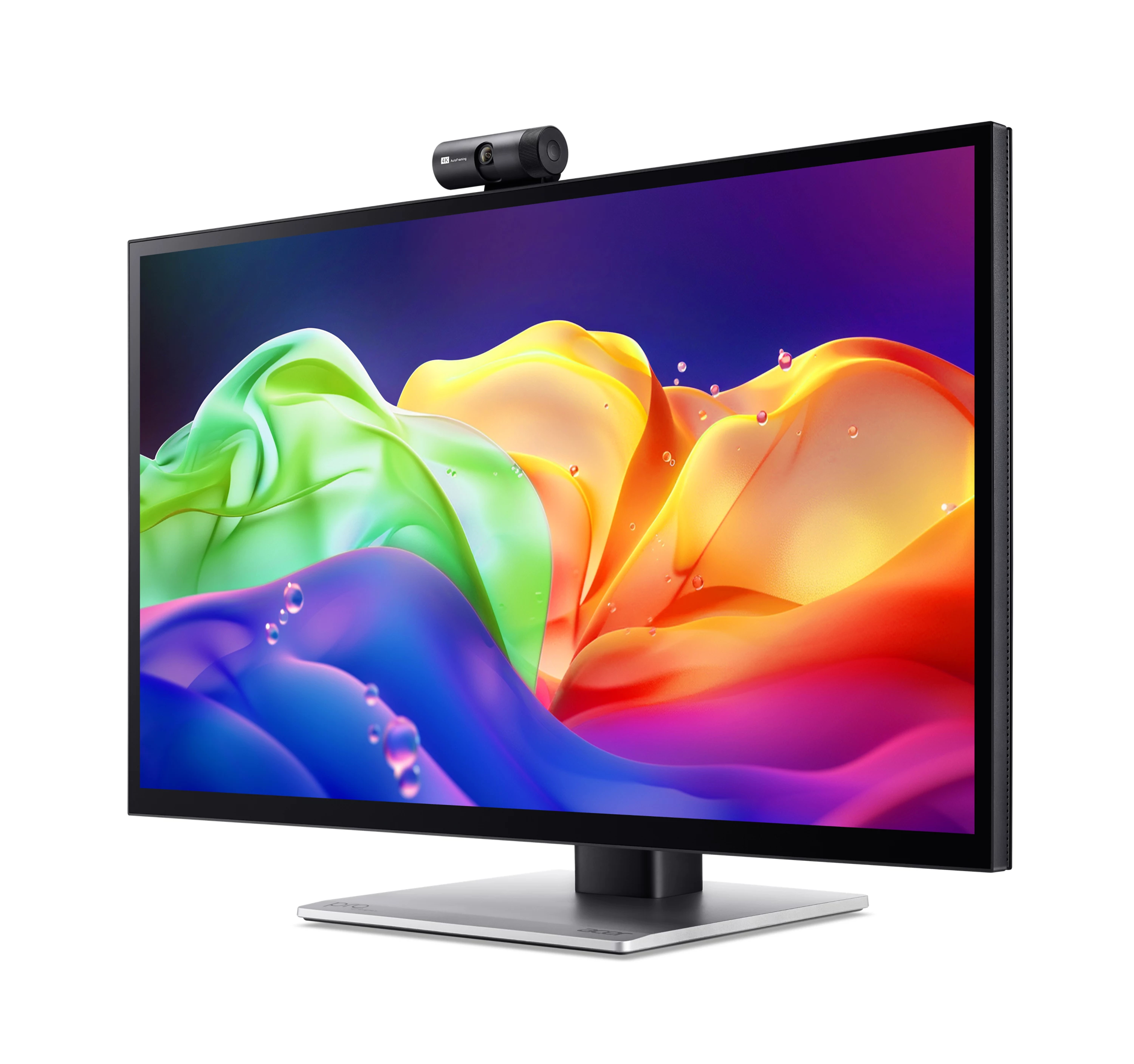 Un monitor con webcam 4K in cima, mostra una grafica colorata e fluida.