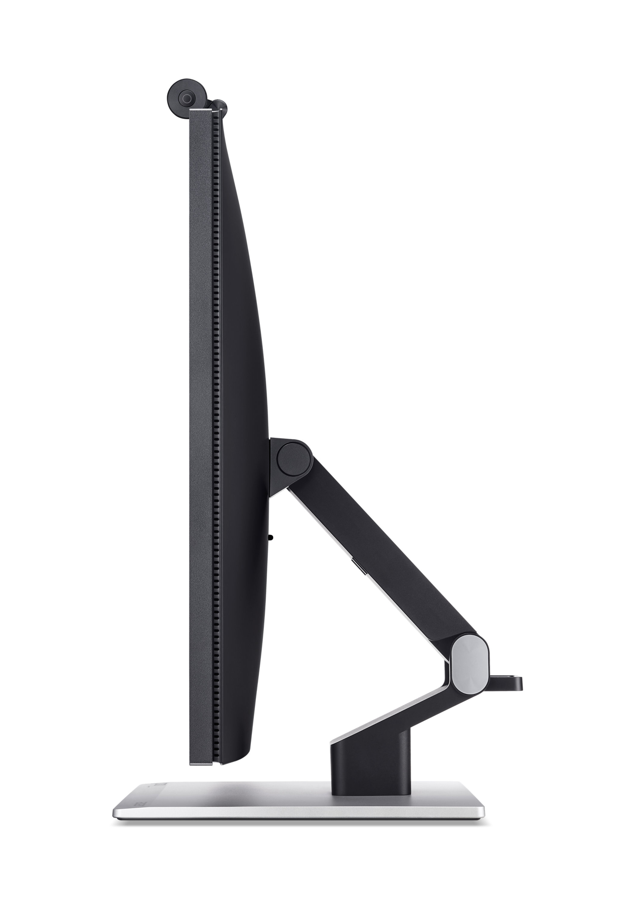 Vista laterale di un monitor nero su supporto argentato su sfondo bianco.