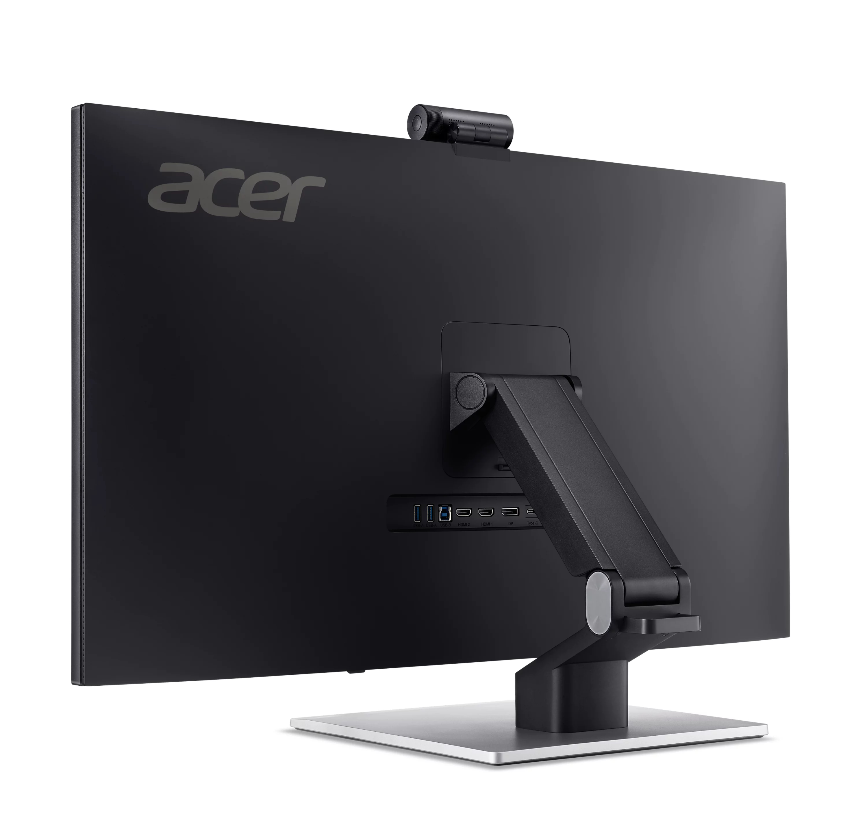 Retro di un monitor Acer nero con webcam, supporto regolabile e porte.