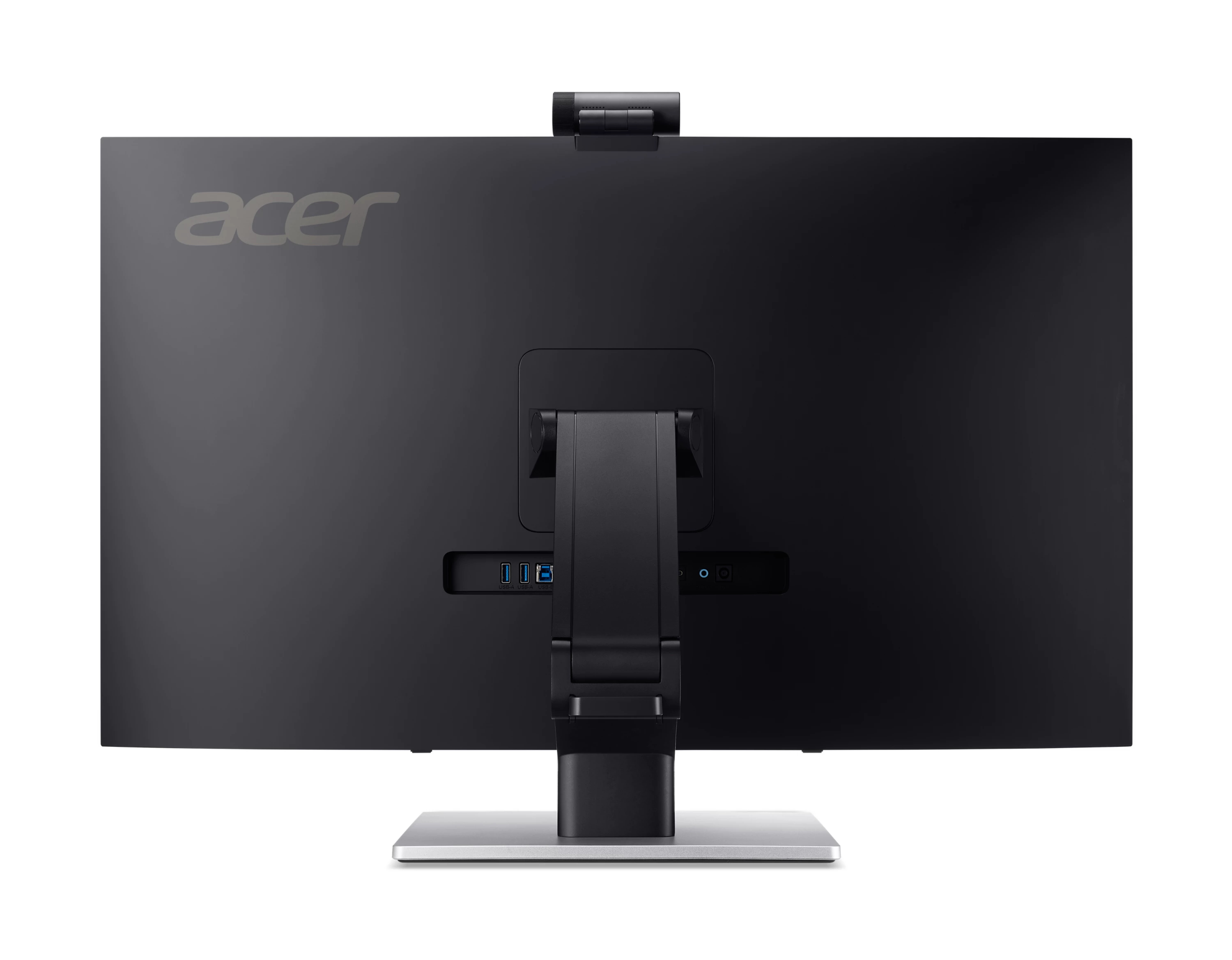 Retro di un monitor Acer nero con supporto argentato e webcam.