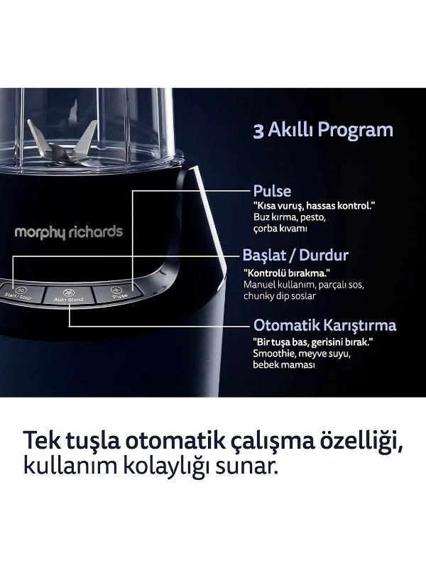 3 akıllı programlı siyah Morphy Richards blender ve düğme etiketleri.