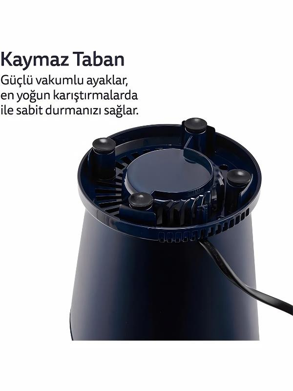 Dört lastik ayağı olan koyu mavi cihaz, stabilite için altta.