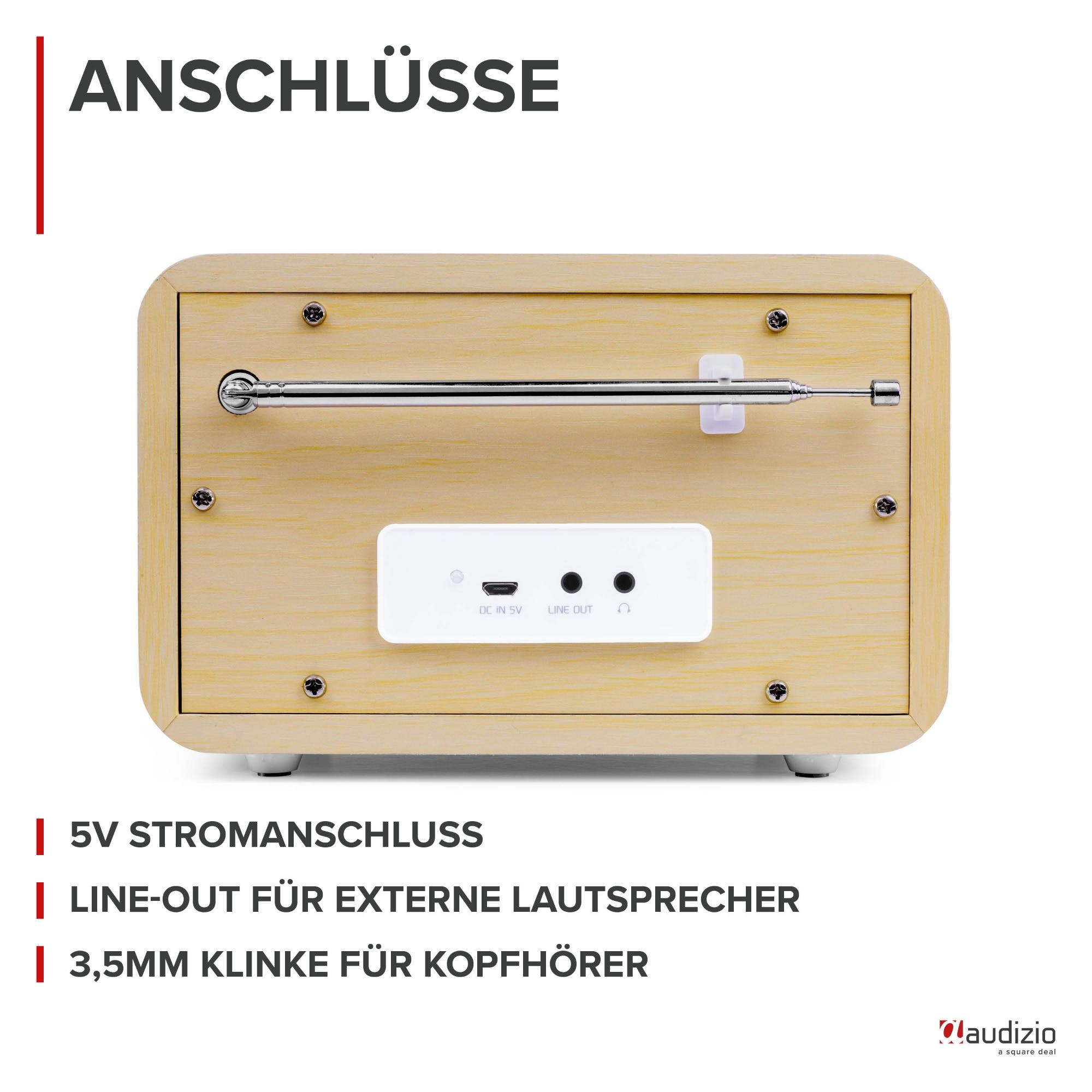 Reverso de radio de madera con puertos: 5V DC, Line Out y auriculares.