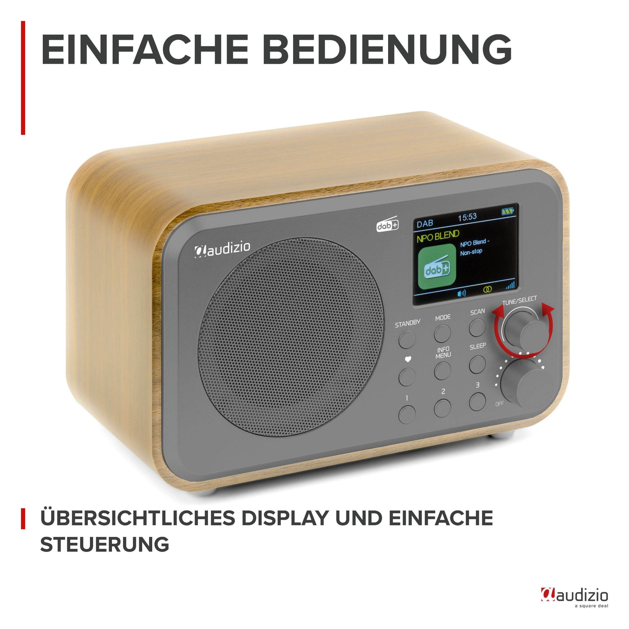 Una radio con carcasa de madera, pantalla y botones. Se lee "Operación fácil".
