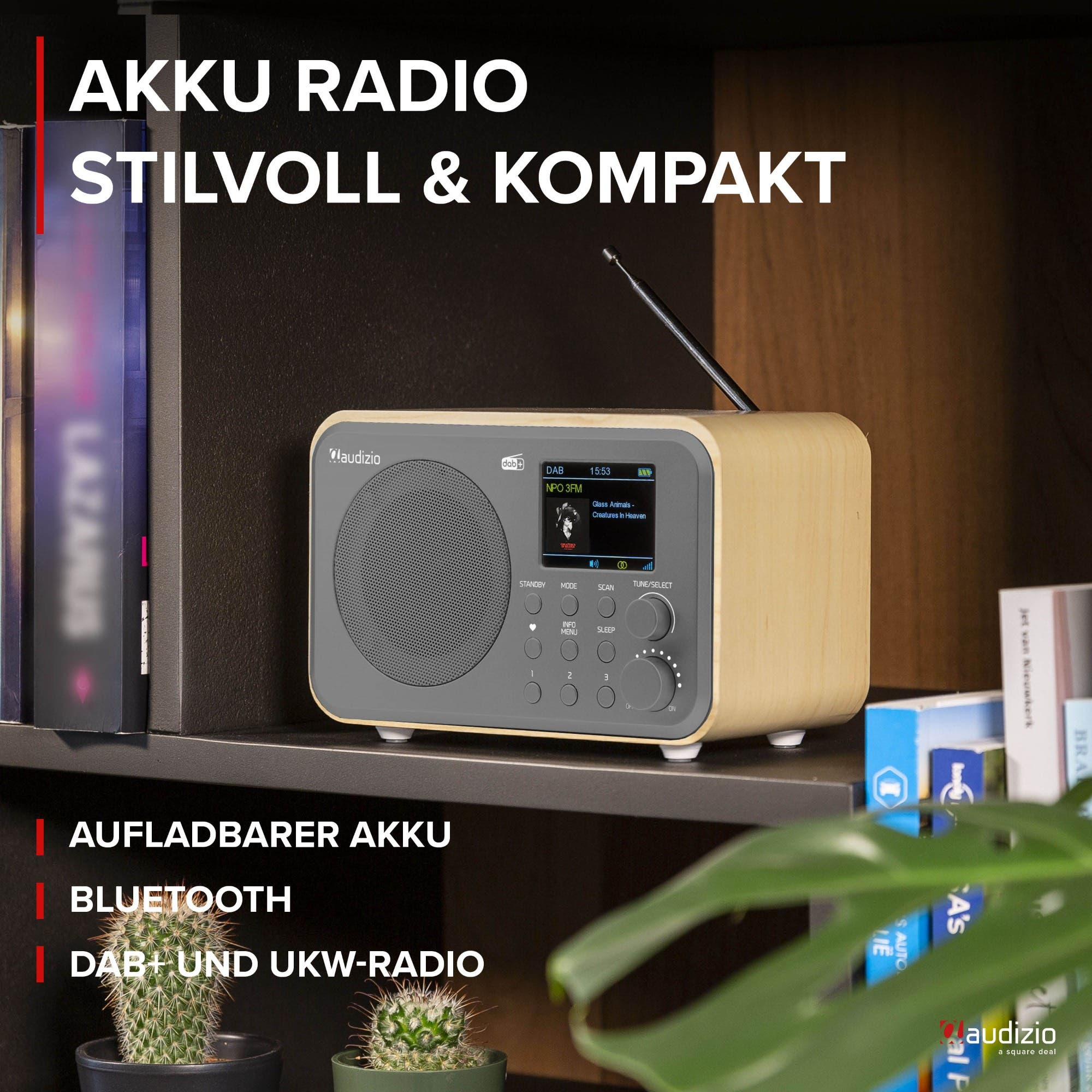 Una radio de madera con panel de control gris y antena se asienta en un estante con libros y plantas.