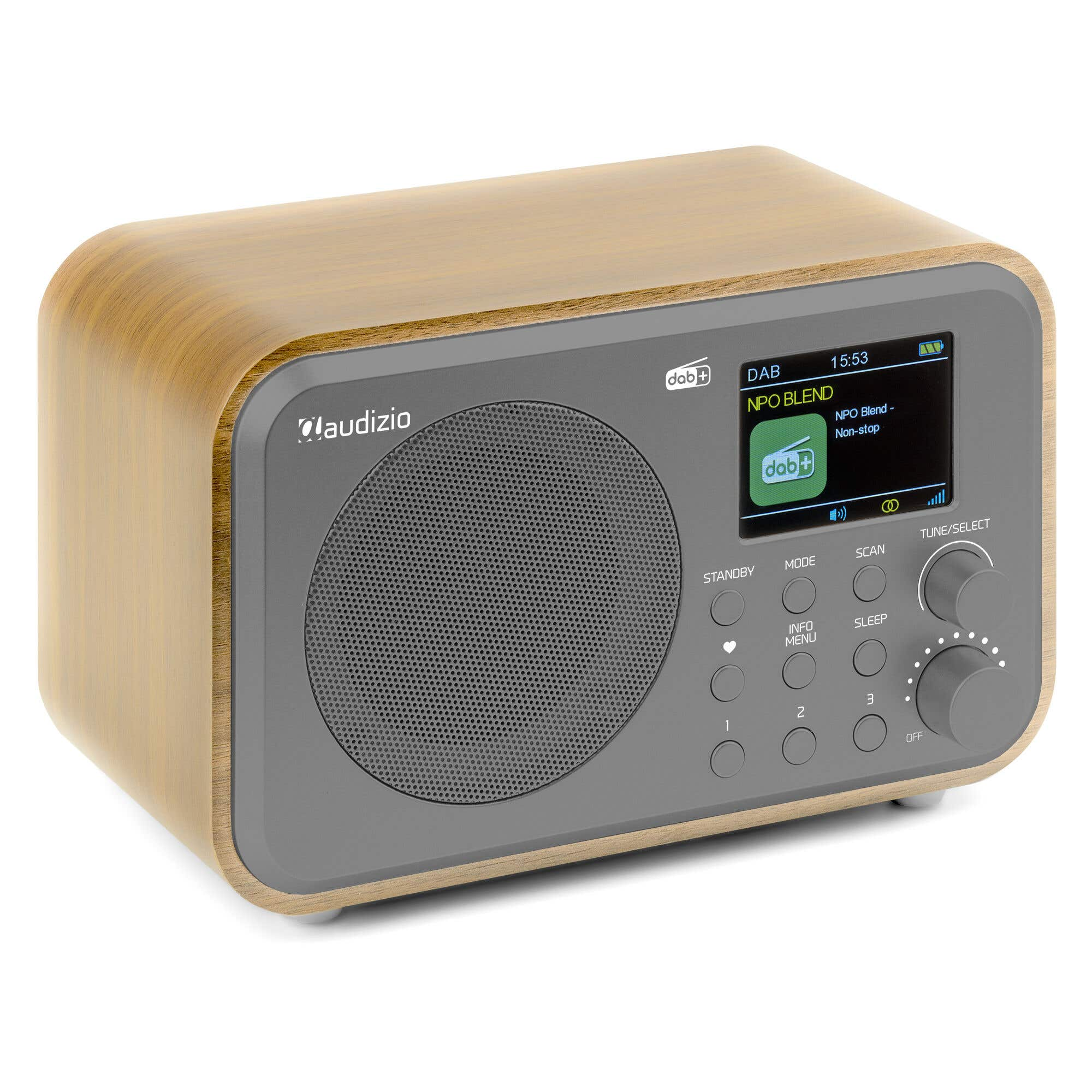 Una radio digital con carcasa de madera, altavoz, pantalla y botones.