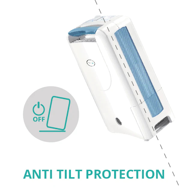 A white device with blue slats and an anti-tilt protection symbol.