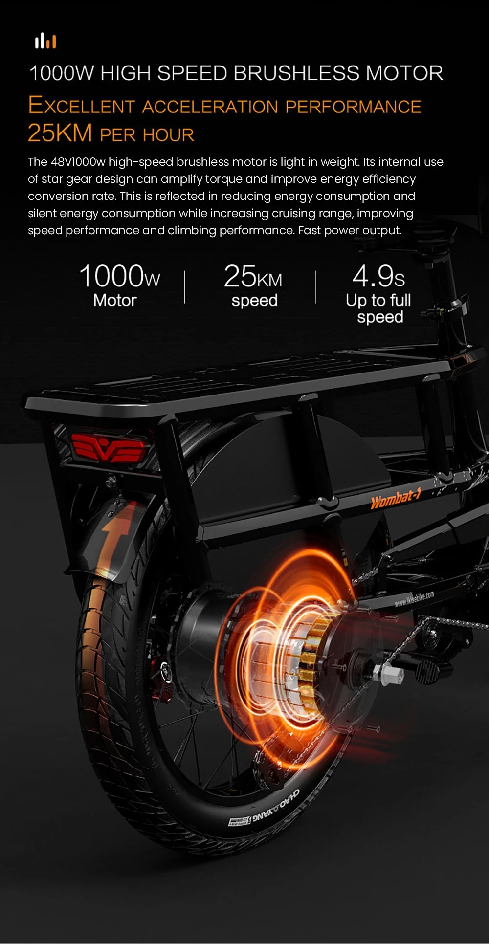 Primer plano de la rueda trasera de una e-bike mostrando motor brillante y datos.