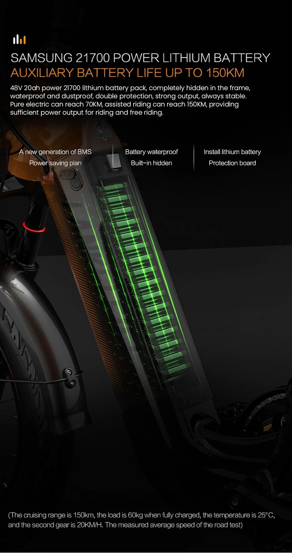 Una batería de litio Samsung 48V 20Ah para bicicletas eléctricas, oculta en el cuadro.