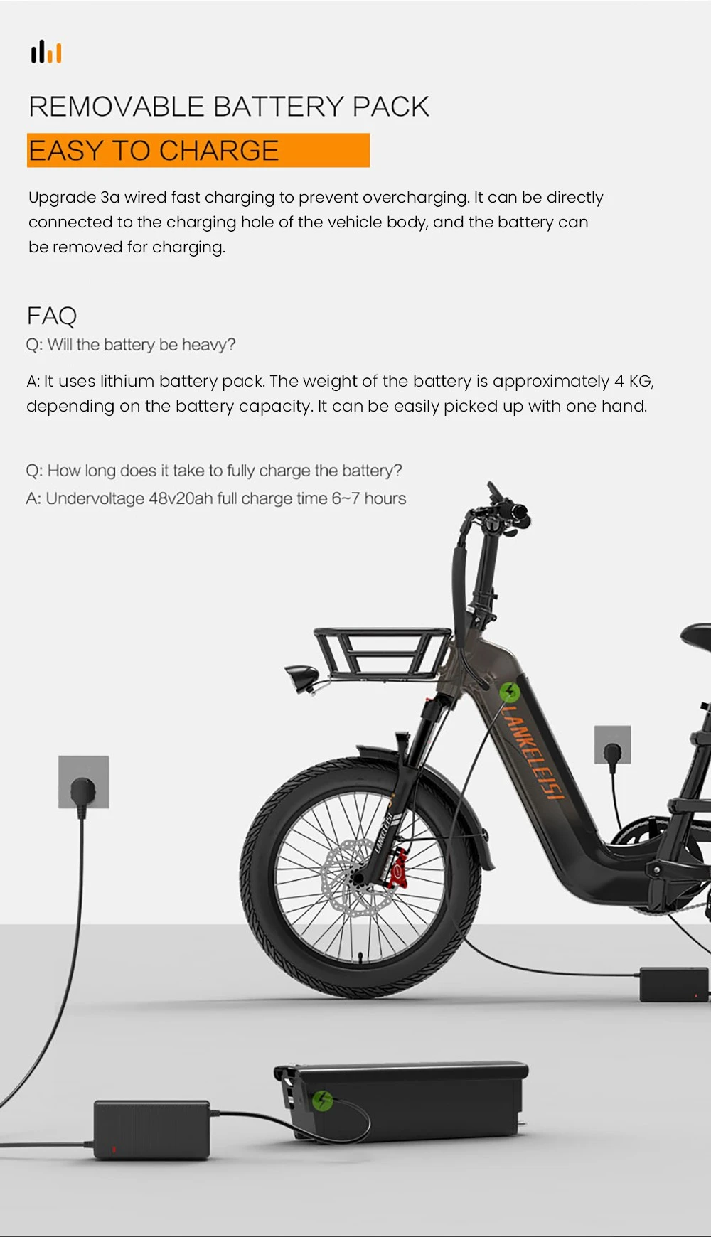 Una bicicleta eléctrica negra se está cargando. Una batería al lado.