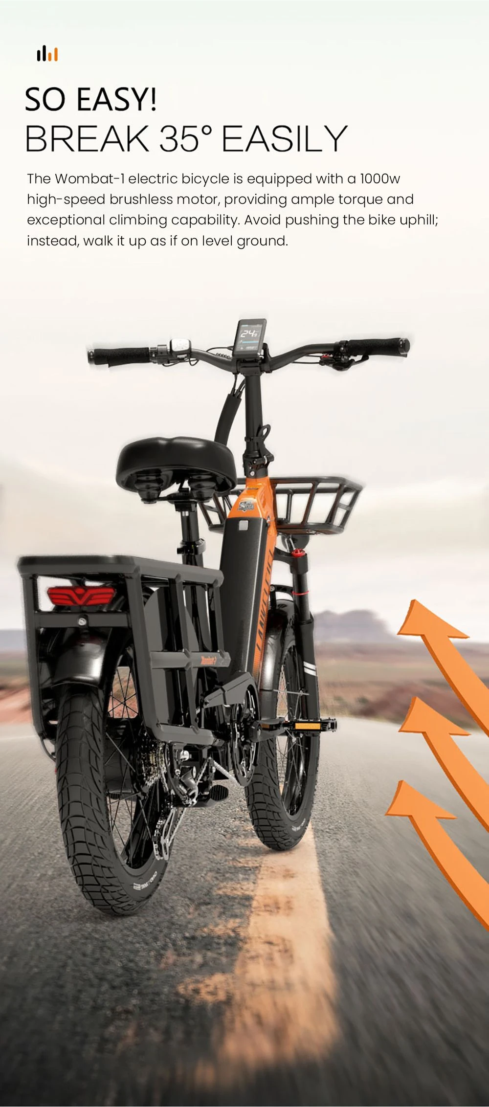 Una bicicleta eléctrica naranja con cestas está en una carretera con flechas naranjas.