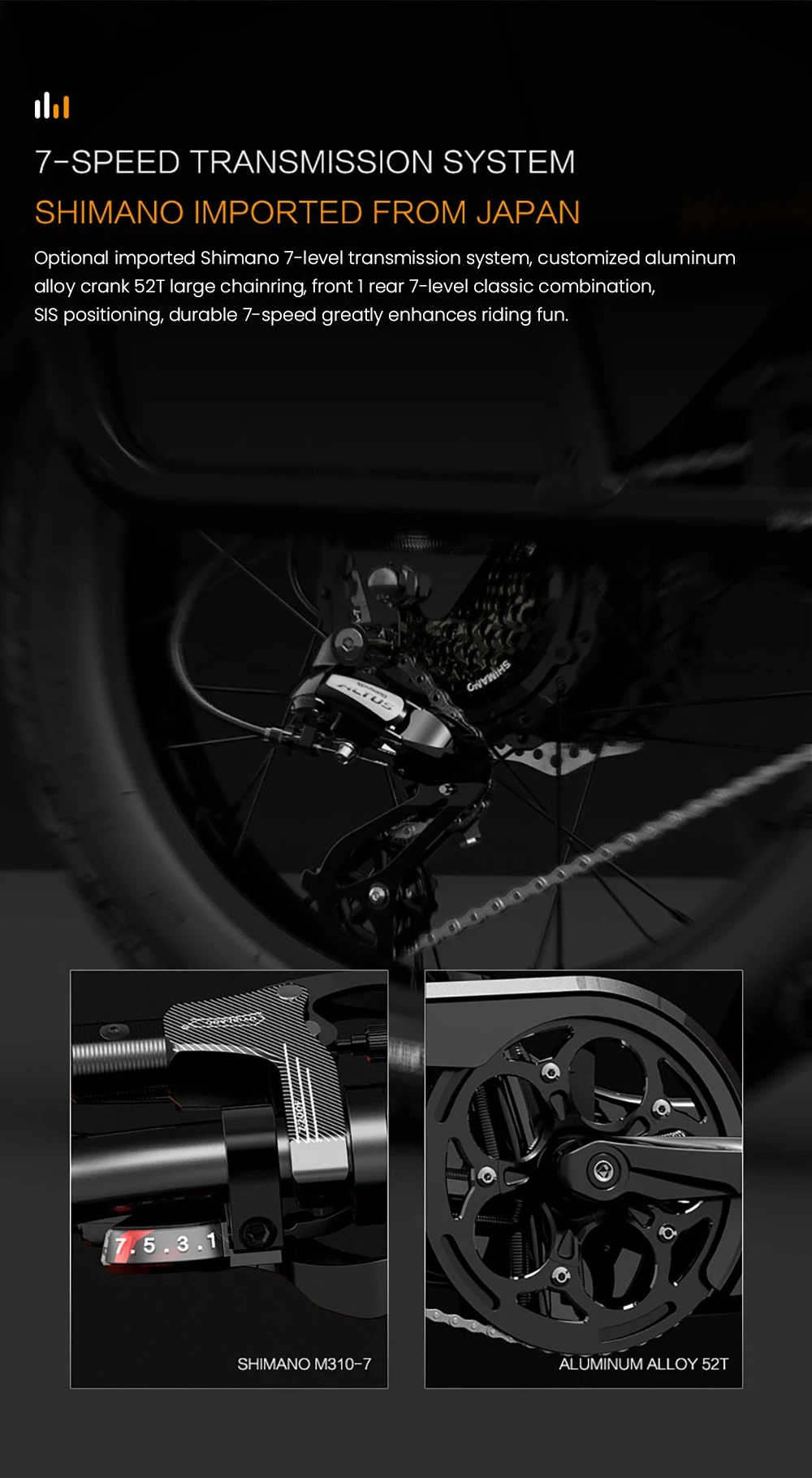 Transmisión de bicicleta: Shimano 7 velocidades, plato 52T, maneta M310-7.