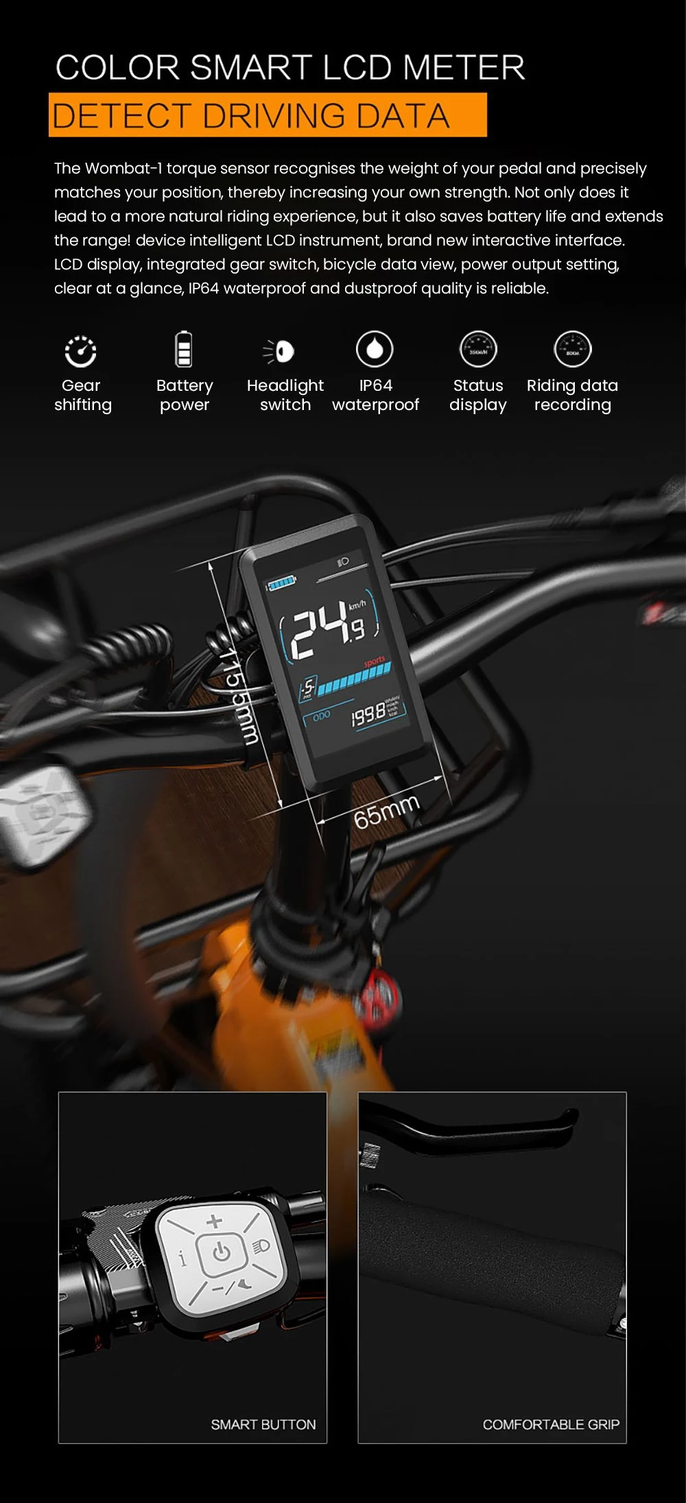 Pantalla LCD de bicicleta muestra velocidad, batería y datos.