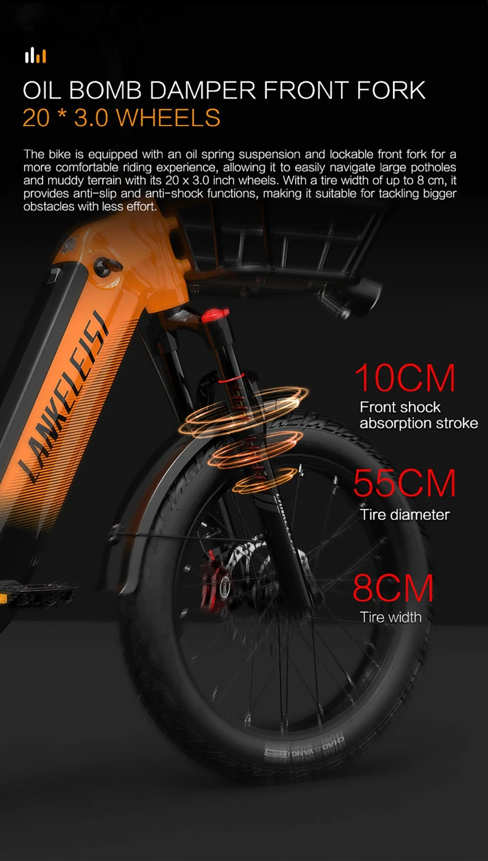 Horquilla delantera naranja de e-bike, ruedas 20x3.0, amortiguador 10cm, neumático 55cm, ancho 8cm.