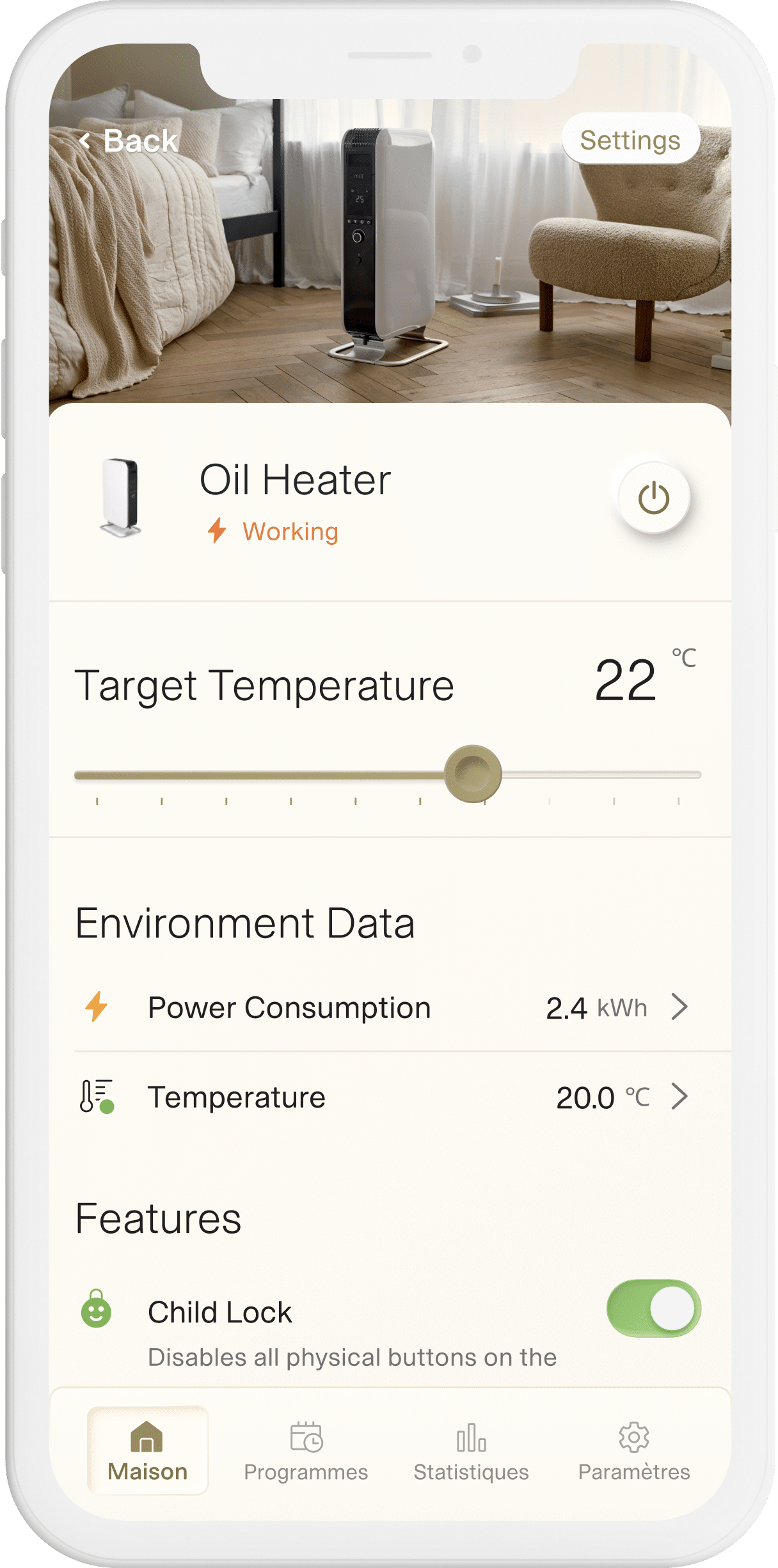 Viene visualizzato un termoventilatore a olio, con temp attuale e impostazioni.