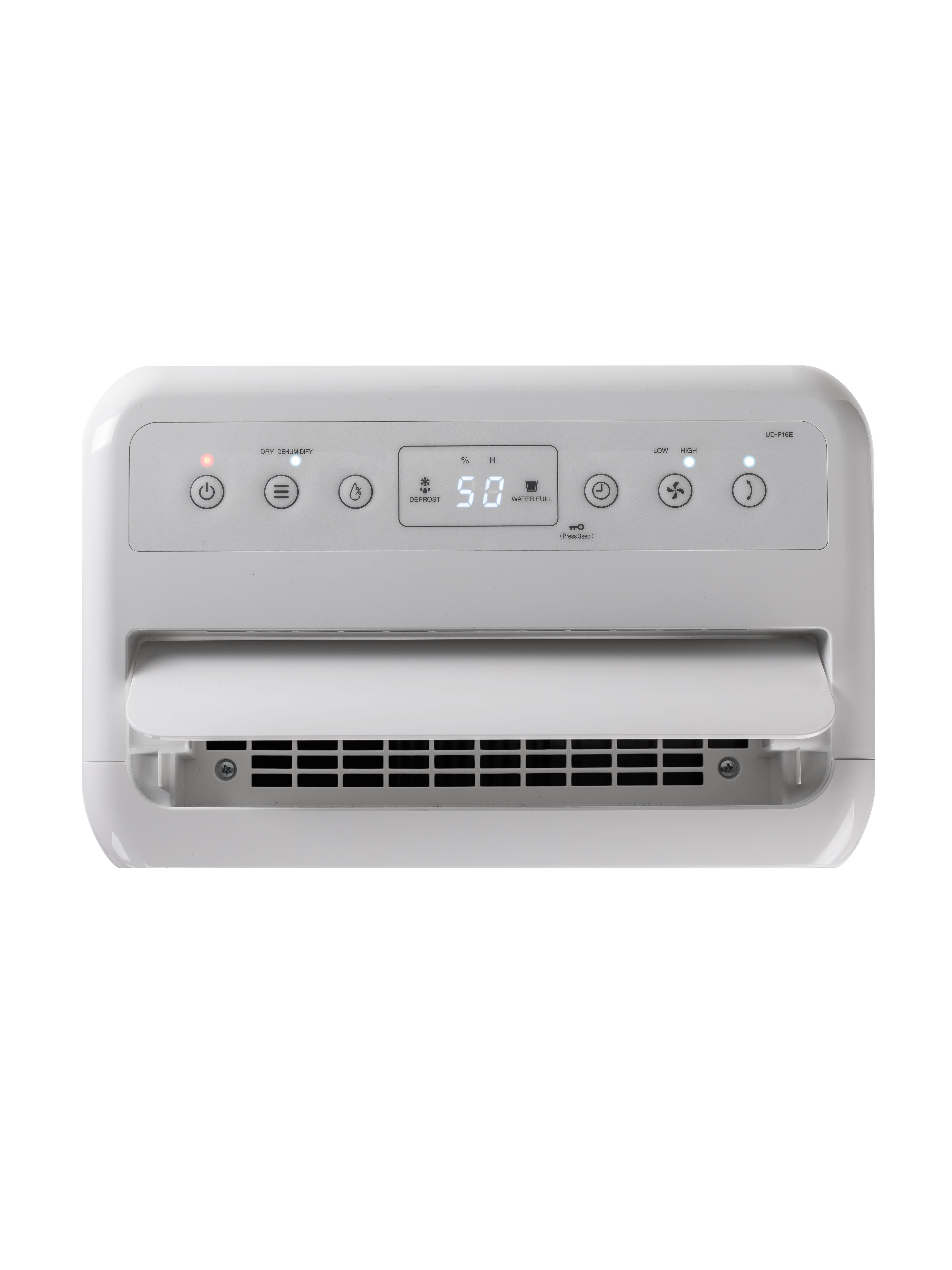 A white dehumidifier with a digital display showing 50%.