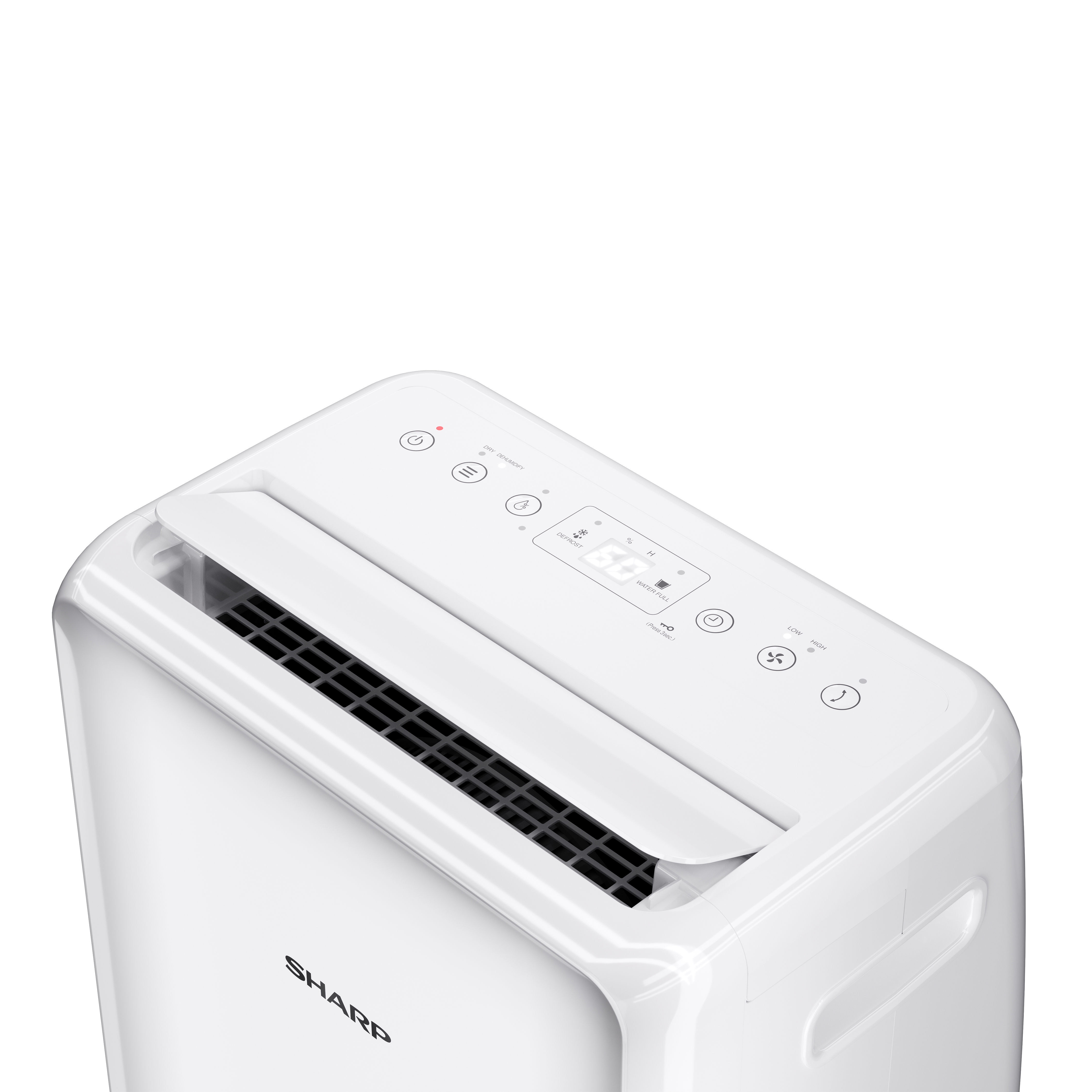 A white dehumidifier with a digital display and control buttons.